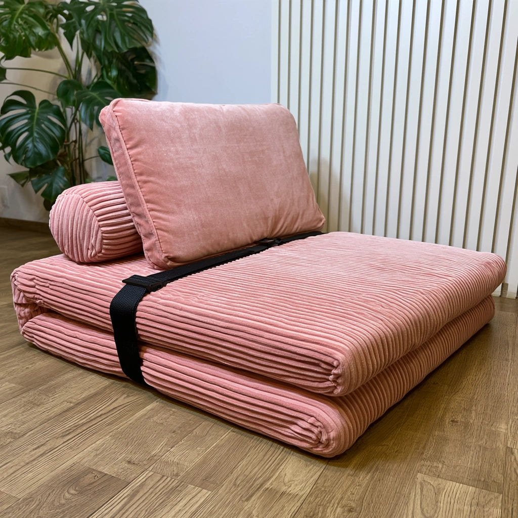 Inklapbare vloerfauteuil met ribfluwelen bekleding, kleur roze